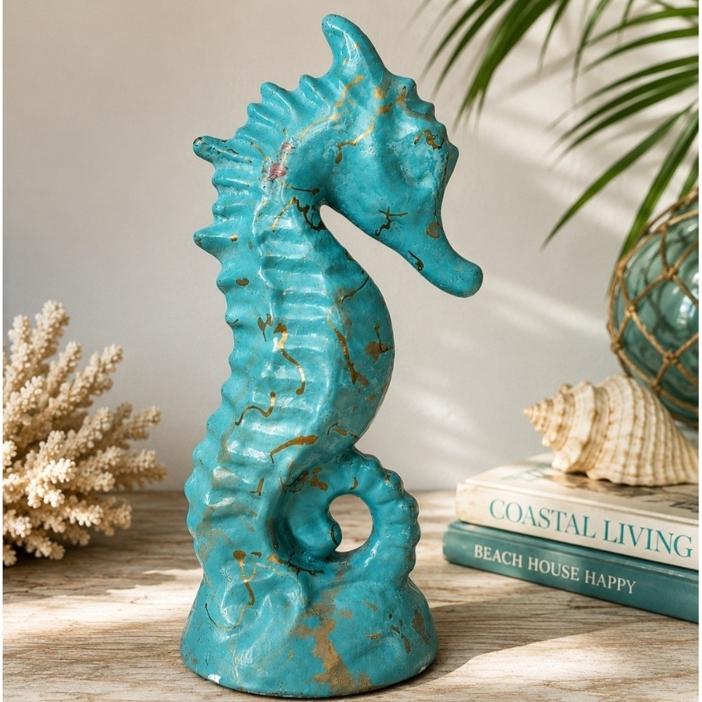Vintage Turquoise Ceramic Seahorse Figurine 10" Coastal Beach Nautical Decor